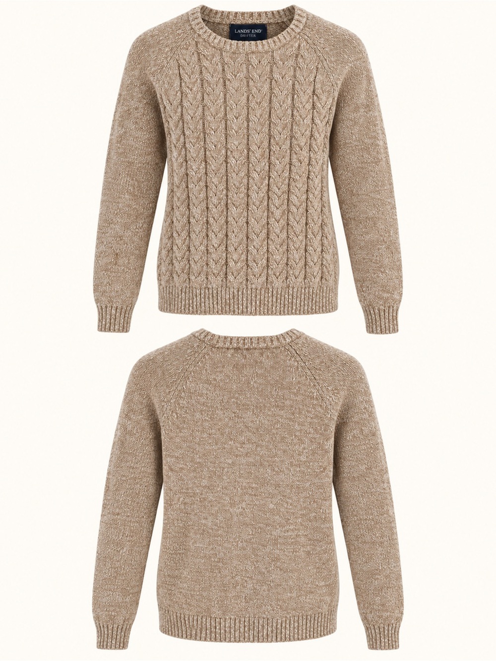 Lands’ End Drifter Kids M 10-12 Cable Knit Cotton Sweater Oatmeal